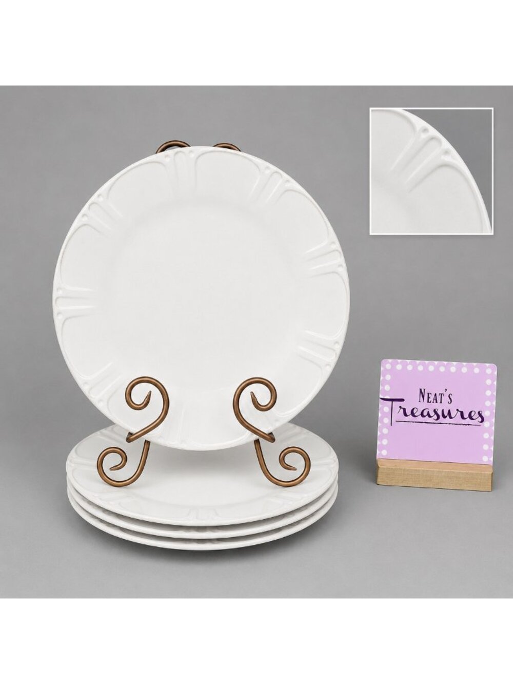 JCPenny Home Embossed Dots Ivory Tan Highlights Ceramic 11" Dinner Plates Set 4